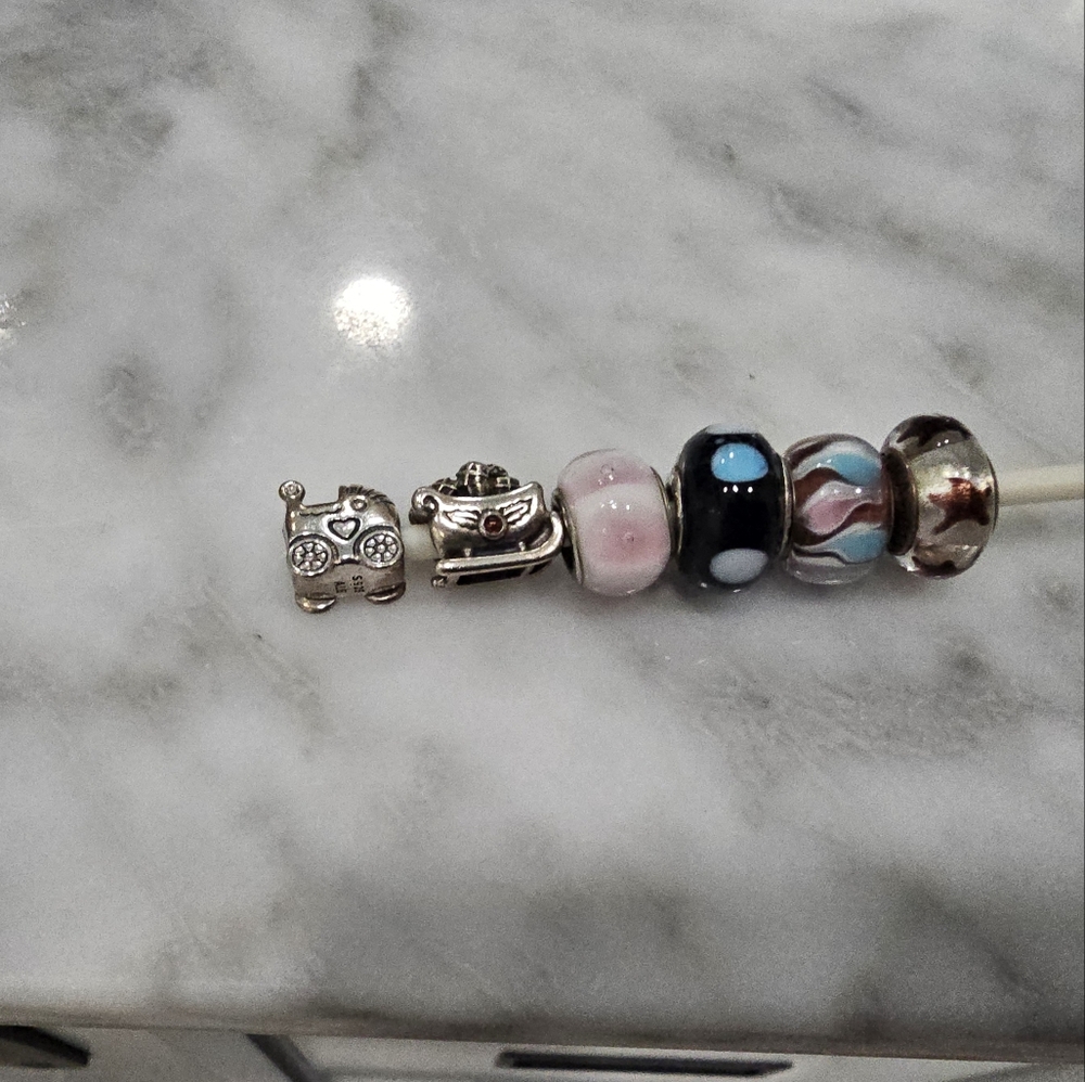 6 Pandora Silver & Glass Multicolor Charm Bracelet Beads Include-Baby & Chrismas